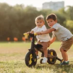 Two young brothers playing together outside on a balance bike on a sunny summer afternoon